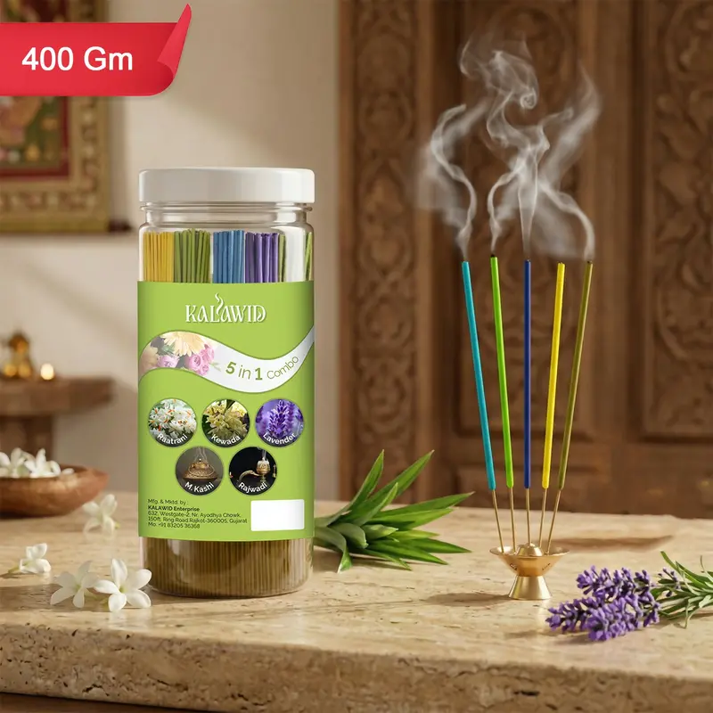 Aromatic 5-Scent Agarbatti Set – Raatrani, Kewada, Lavender, Masalakashi, Rajwadi (400 G) 1