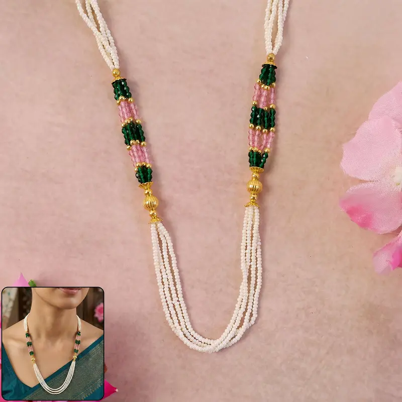 Artisan Pearl Mala Necklace With Pink & Green Beads – Cultural Multi-Strand Jewelry 1