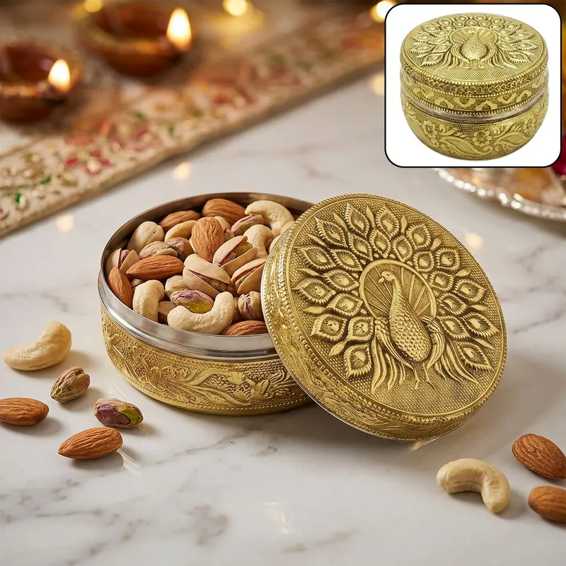 Artisanal Embossed Peacock Stainless Steel Decorative Storage Container 1