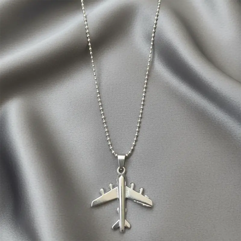 Aviation-Inspired Silver-Tone Airplane Pendant Necklace For Men 1