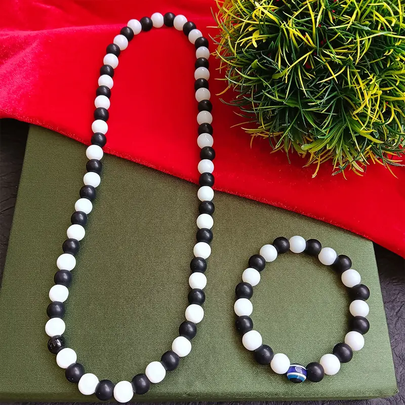 Black And White Beaded Necklace With Matching Evil Eye Bracelet Set 1