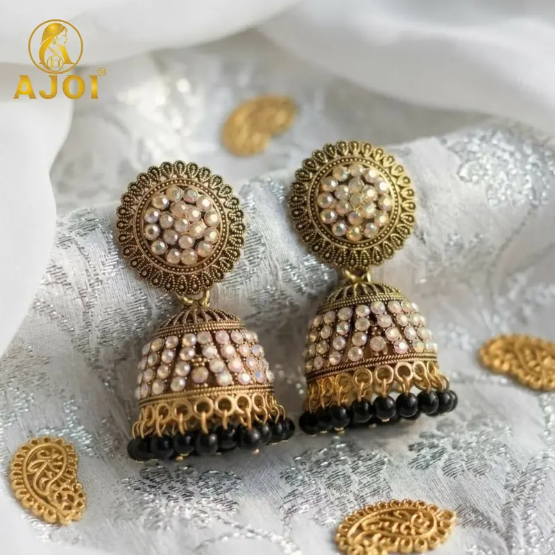 Black Bead Drop Pearl Jhumka – Antique Gold Ethnic Earrings For Women 1