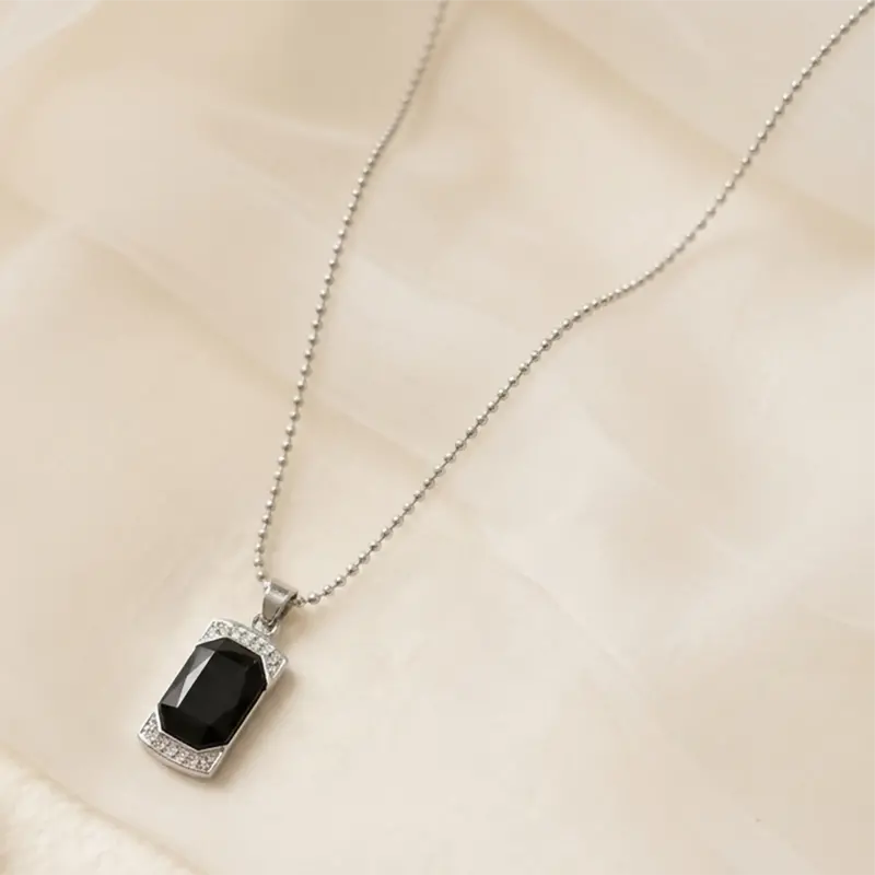 Black Onyx Pendant Necklace With Crystal-Encrusted Frame – Minimalist Elegance 1