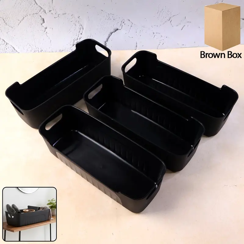 Black Plastic Stackable Storage Basket Set – 4-Piece Durable Tray Collection 1