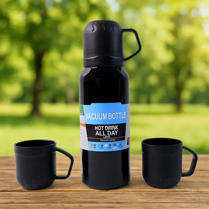 Black Stainless Steel Vacuum Flask Set – 3 X 500Ml Thermos Cups 1