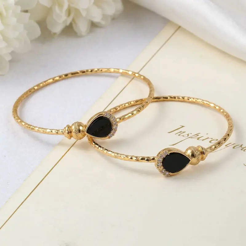 Black Stone Accent Openable Gold-Plated Bracelet Set 1
