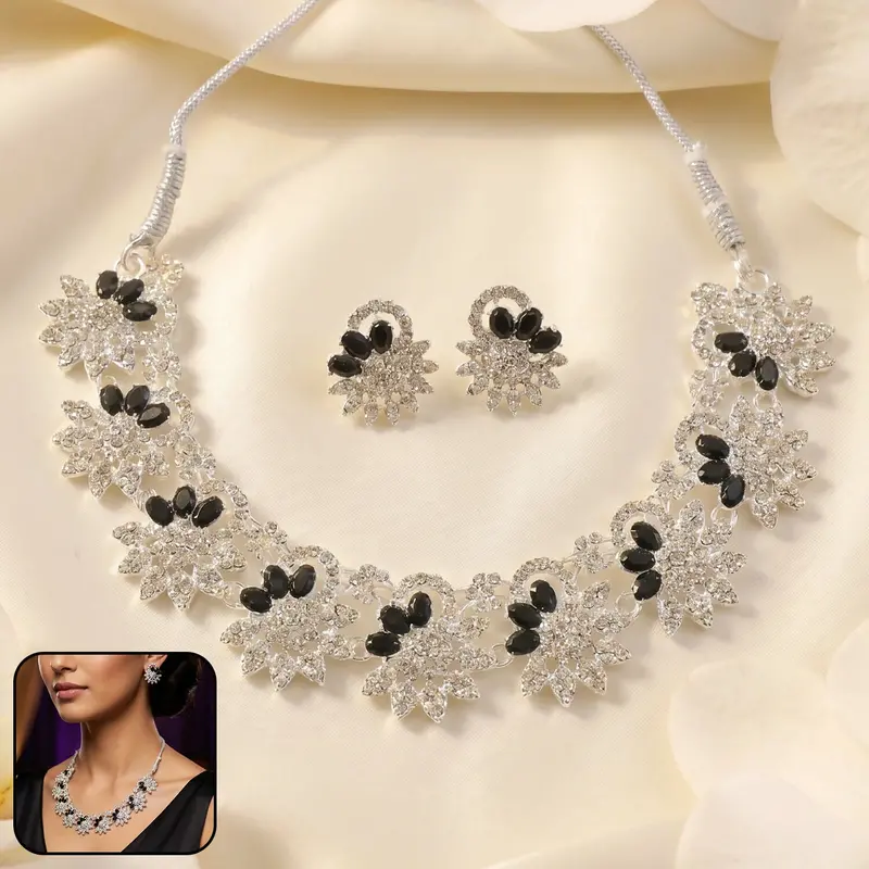 Black Stone Silver-Plated Jewelry Set – Sophisticated Necklace & Earrings For Women 1