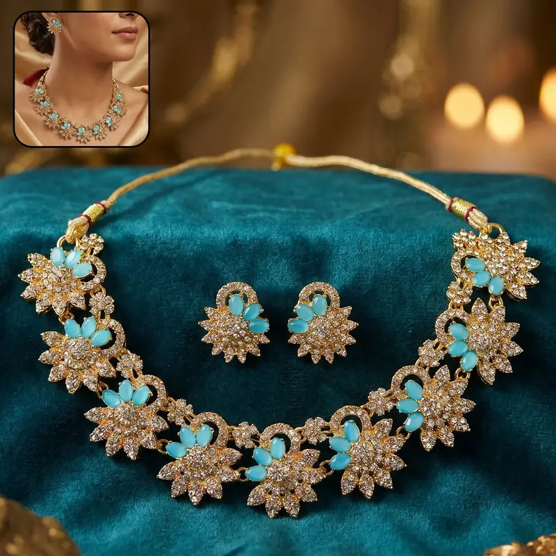 Blue Floral Celebration Jewelry Set – Luxe Necklace & Matching Earrings 1
