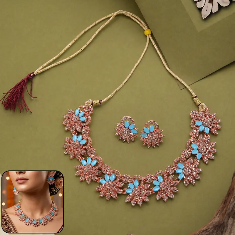 Blue Gemstone Floral Necklace & Earring Set – Elegant Women’S Occasion Jewelry 1