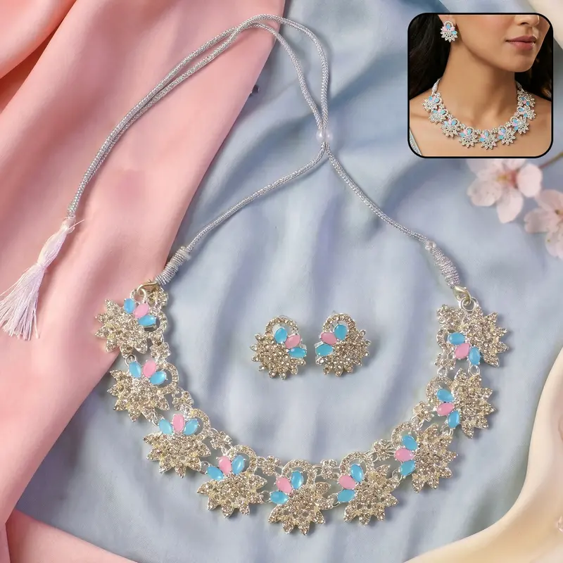 Blue & Pink Floral Jewelry Set – Necklace And Matching Earrings For Festivals 1