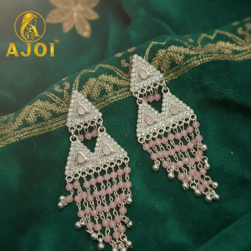 Blush Pink Chandbalis Adorned With Gemstone Accents And Pearl Drops 1