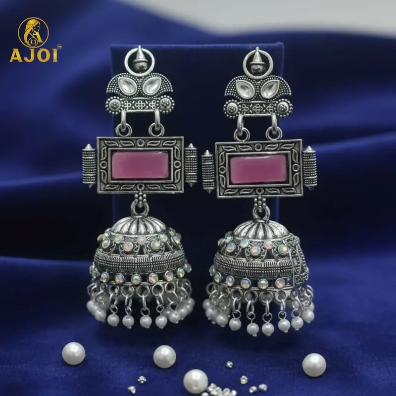 Blush Pink Stone Jhumka Earrings – Heirloom-Style Oxidized Silver Bridal Jewelry 1