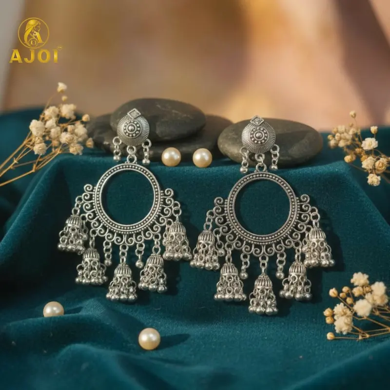 Boho-Chic Oxidized Silver Chandbali Jhumka Earrings 1