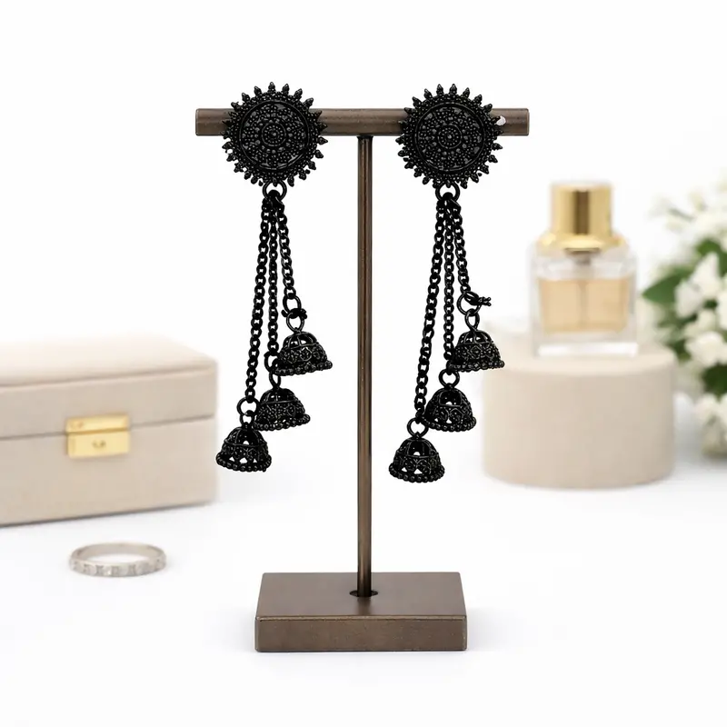 Bold Black Oxidized Jhumka Earrings – Modern Traditional Look 1