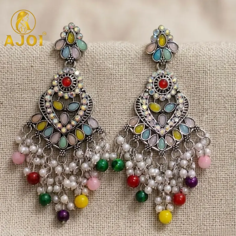 Bold Oxidized Statement Earrings With Mixed Beads And Pearl Fringe 1