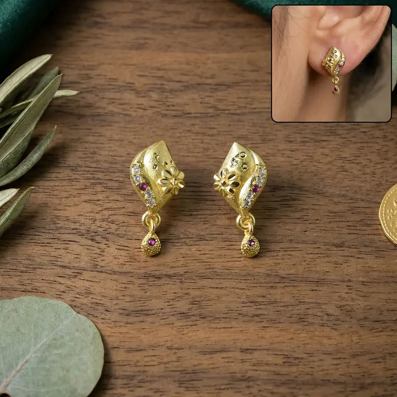 Botanical Flower Gold-Plated Stud-Drop Earrings – Designer Women’S Style 1