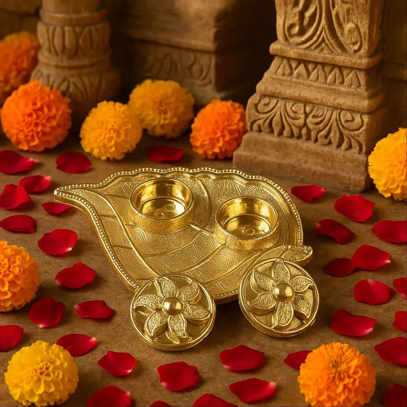Botanical Leaf-Design Pooja Thali – Artistic Hindu Ritual Plate 1