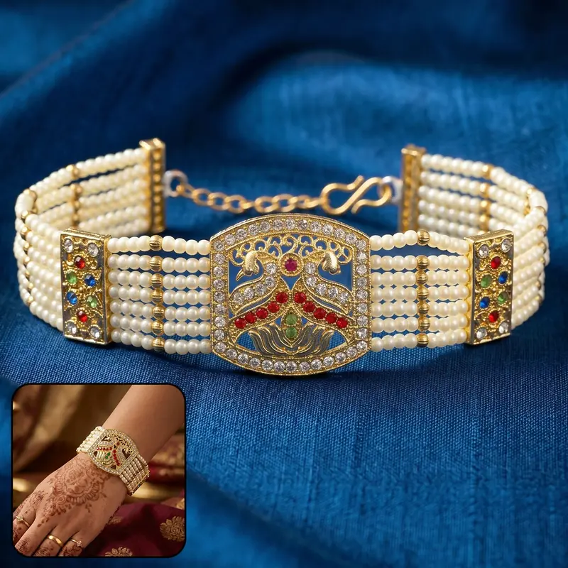 Bridal Floral Bracelet – Gold-Toned Cuff Featuring Pearl Inlays And Botanical Engraving 1