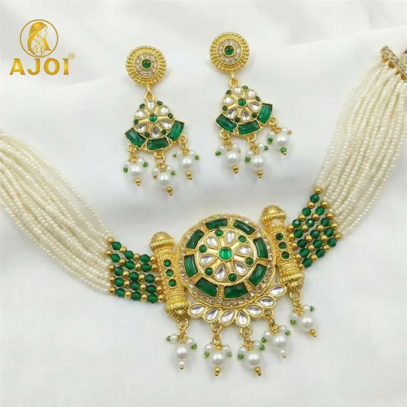 Bridal Kundan Necklace & Earring Set – Green Stone And Pearl Traditional Ensemble 1