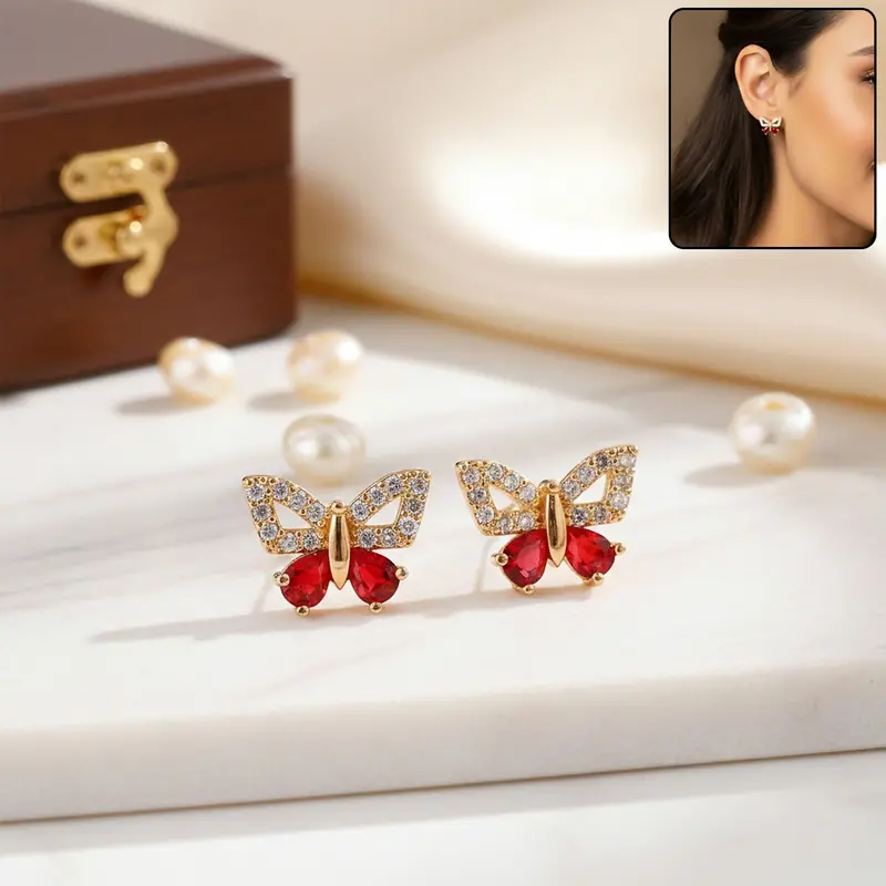 Butterfly Cz Stud Earrings With Red Stone Accents – Feminine Gold-Tone Jewelry Pair 1