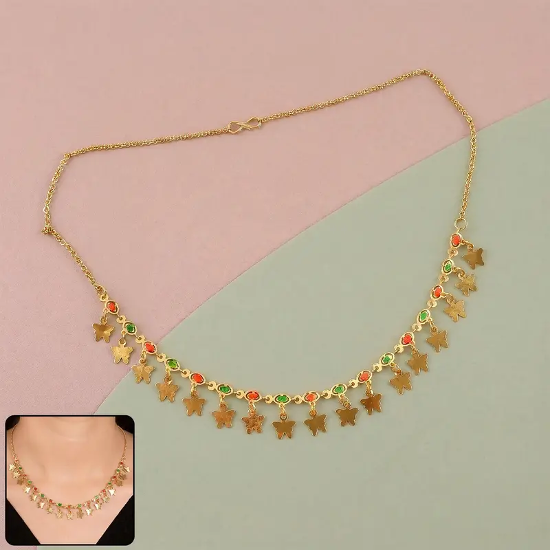 Butterfly-Drop Gold Charm Necklace With Multicolored Stone Embellishments 1