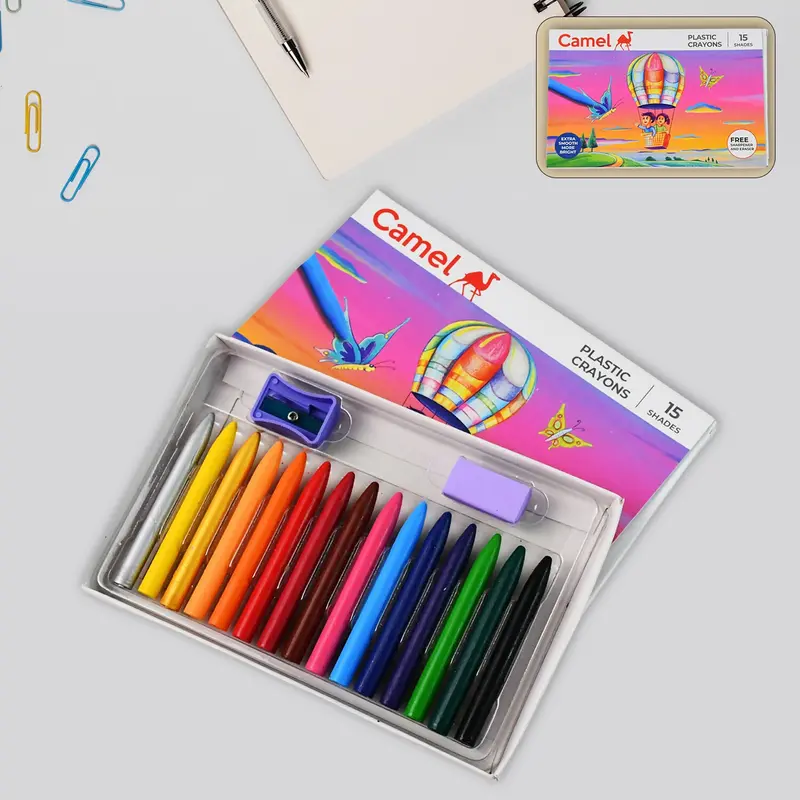 Camel Assorted Crayons – 15-Color Plastic Set With Bonus Sharpener & Eraser 1