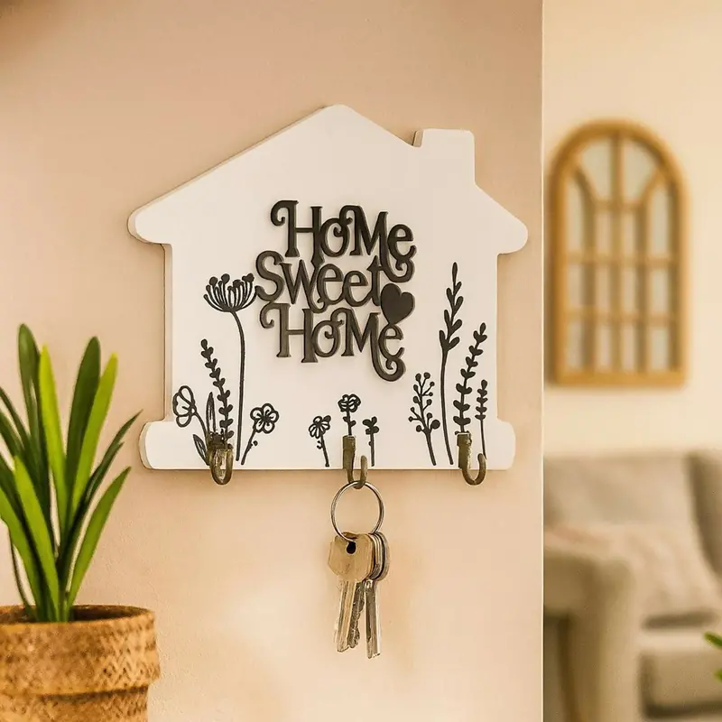 Charming 'Home Sweet Home' Wooden Key Organizer Wall Hook 1