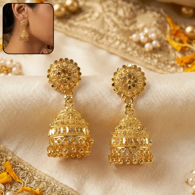 Classic Gold Jhumka Earrings With Pearl Danglers – Wedding & Cultural Occasion Pair 1