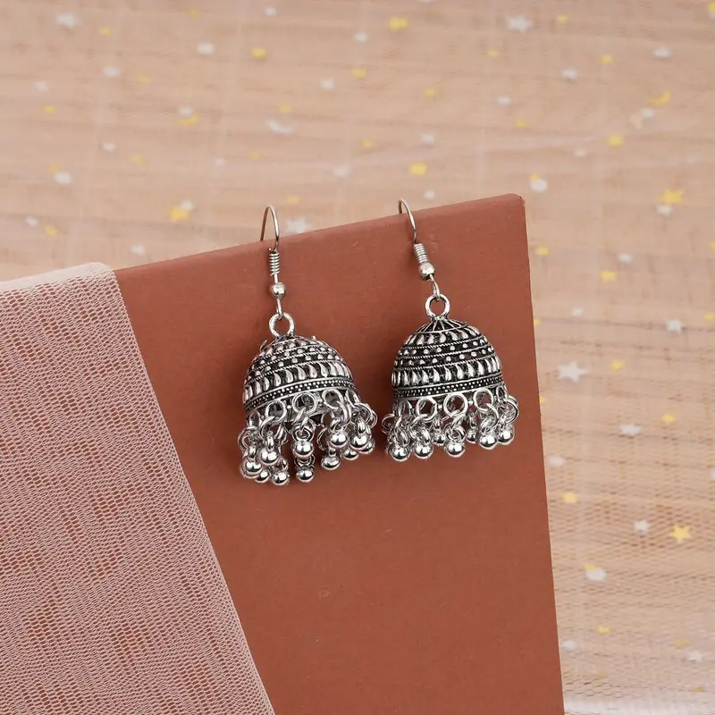 Classic Hook-Style Oxidized Silver Jhumka Earrings 1