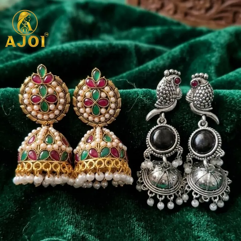 Classic Jhumka And Peacock Oxidized Silver Earrings – 2-Piece Set 1