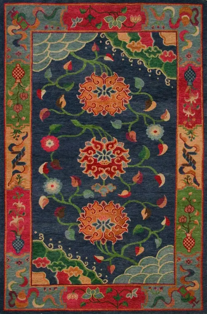 Classic Tibetan Floral Rug In Deep Indigo 1
