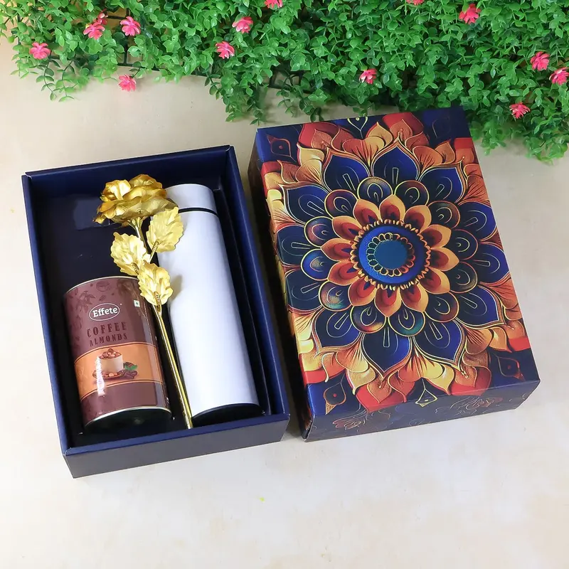 Coffee-Flavored Almond Gift Hamper – Golden Rose Packaging With Bottle (3-Piece) 1