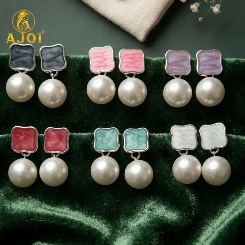 Colorful Enamel & Pearl Drop Earrings – Contemporary 6-Piece Statement Earring Set 1