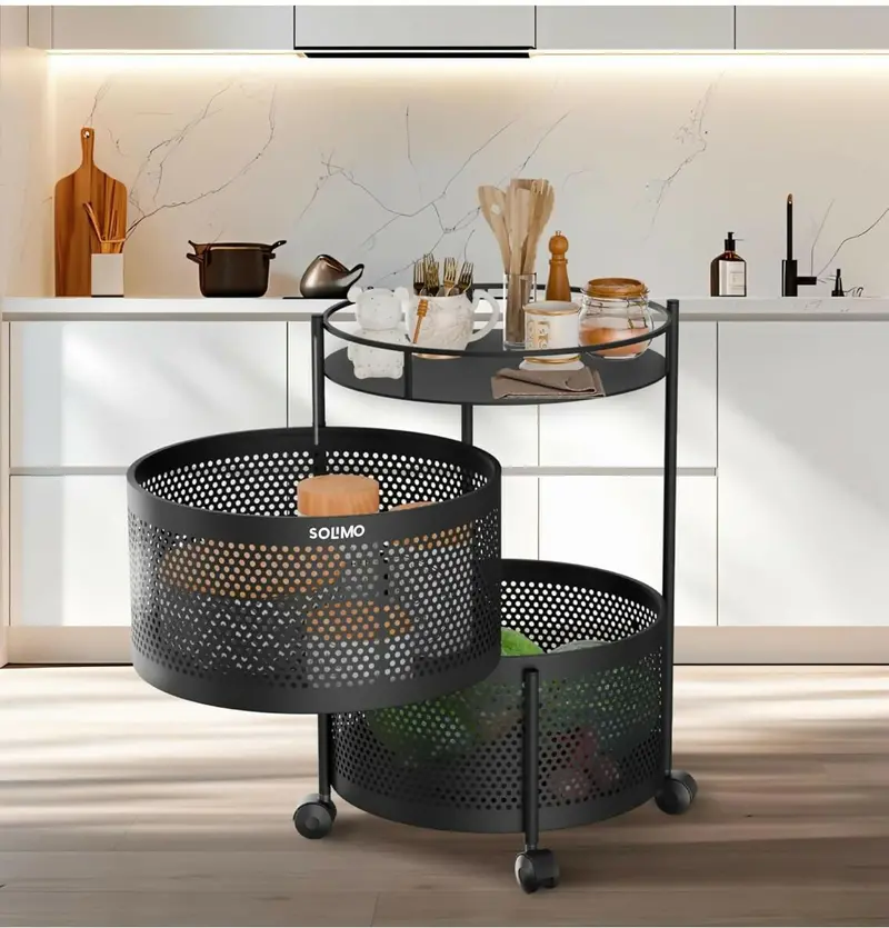 Compact Round 2-Tier Kitchen Trolley – Mesh Basket Design With 4 Swivel Casters 1