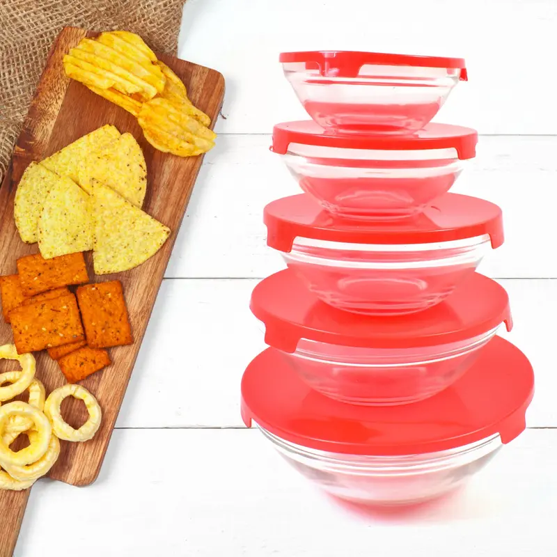 Contemporary Glass Mixing & Storage Bowls – 5-Piece Set With Red Lids 1