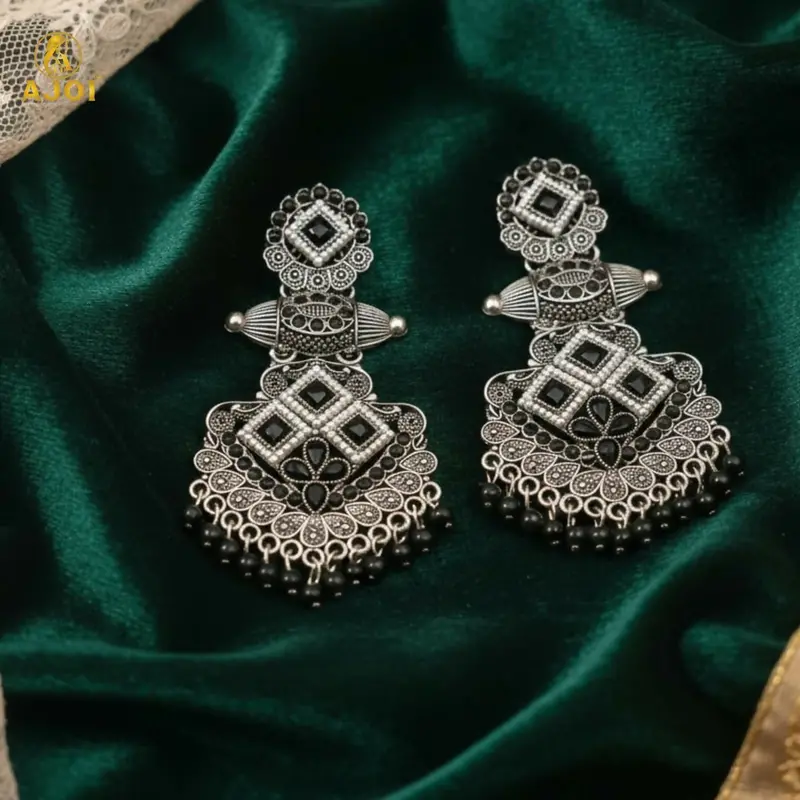 Contemporary Oxidized Silver Chandbalis With Black Stone Inlays 1