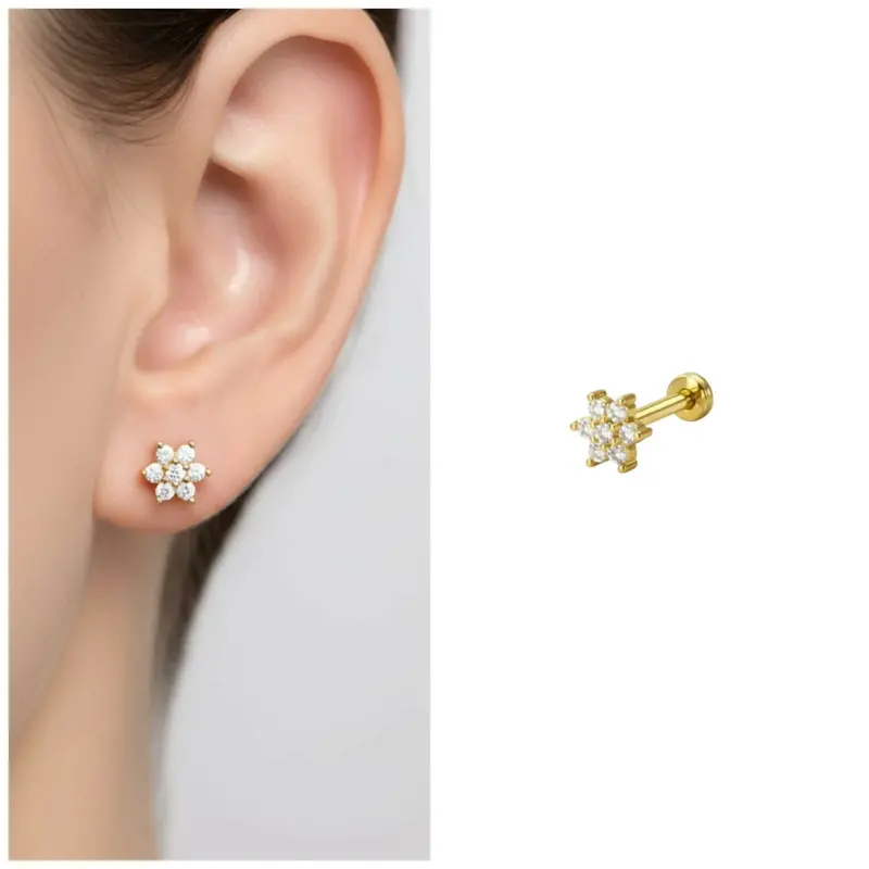 Crystal Flower Labret Earring – Gold-Plated Flat Back Ad Stud (1 Pc) 1