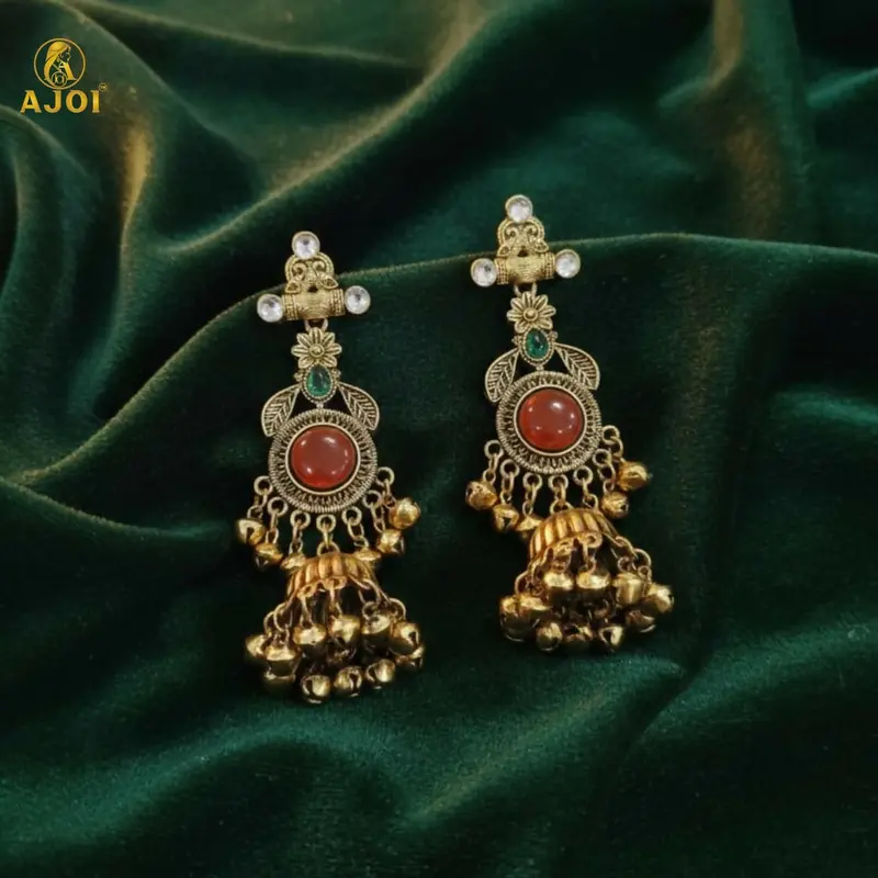Cultural Heritage Jhumka Earrings With Bold Red And Green Accents 1