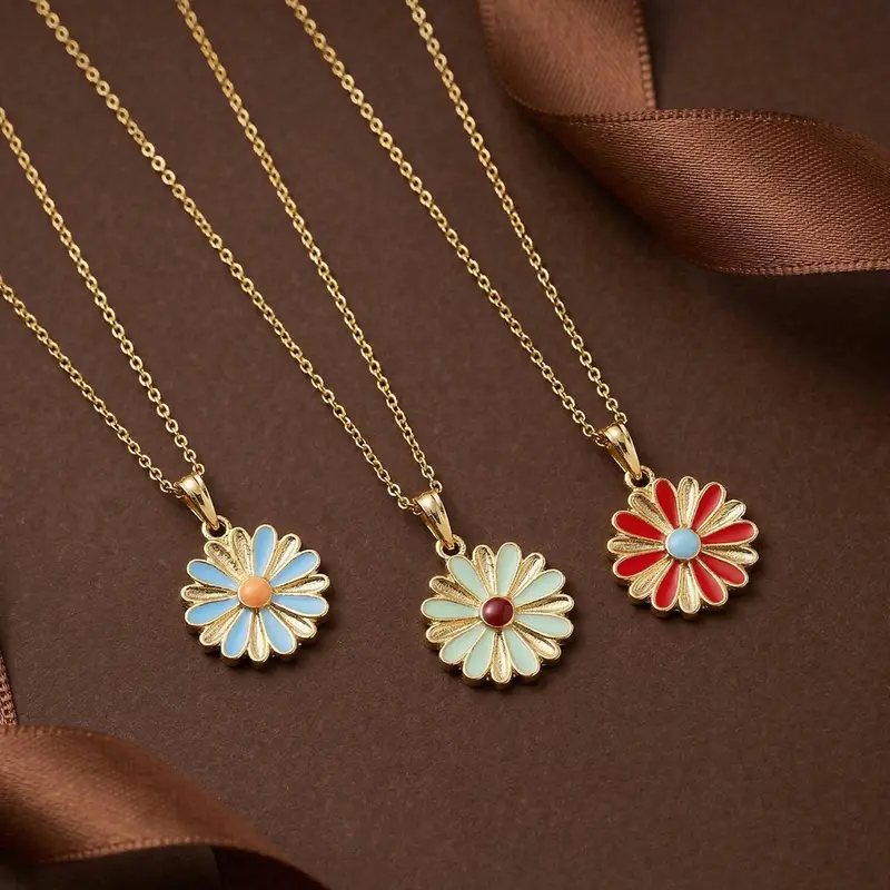 Daisy Flower Gold Pendant Necklace With Vivid Enamel Finish 1