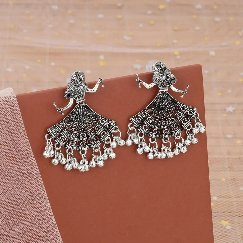 Dancing Doll Motif Oxidized Silver Jhumka Earrings 1