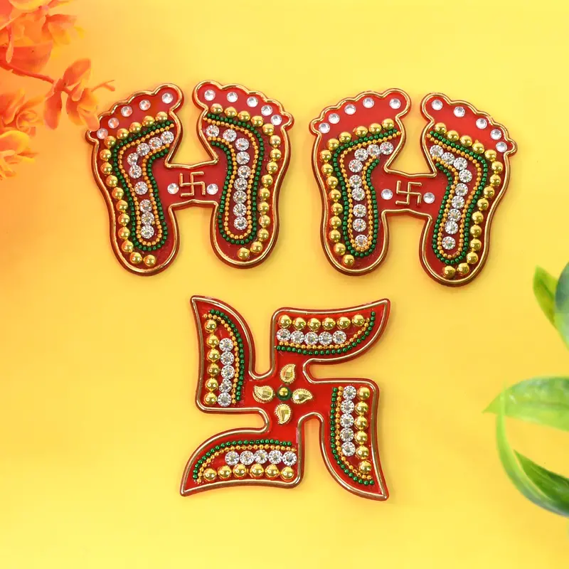 Decorative Laxmi Charan & Swastik Combo Set – Traditional Hindu Auspicious Trio 1