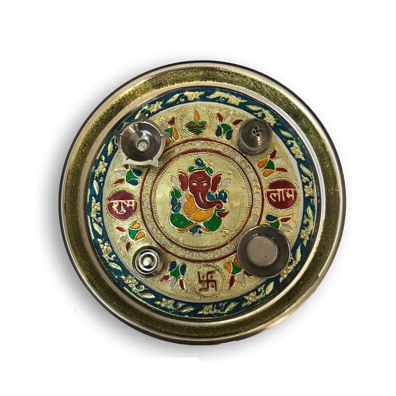 Decorative Stainless Steel Pooja Thali With Golden Chain And Embellishments 1