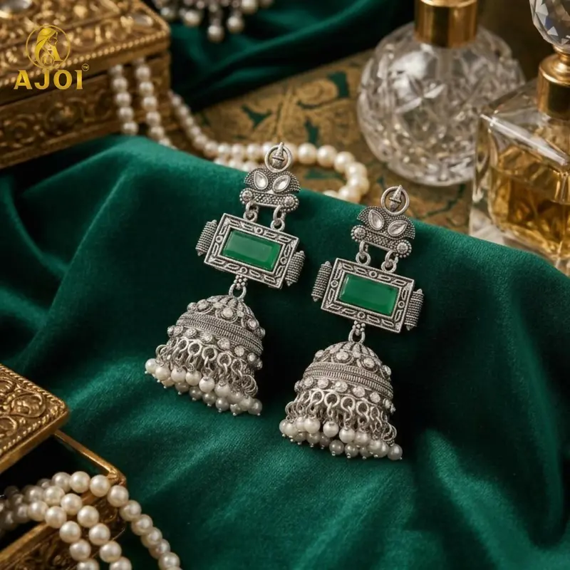 Deep Green Stone Jhumka Earrings – Imperial Oxidized Silver Ethnic Danglers 1