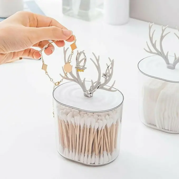 Deer Antler–Inspired Cotton Swab Jar – Clear Acrylic Storage Container With Decorative Lid 1