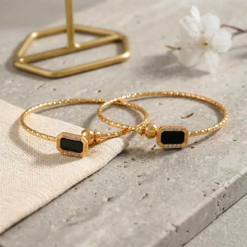 Designer Open Bangle Bracelet – Gold-Plated With Black Stone Inlay For Women 1