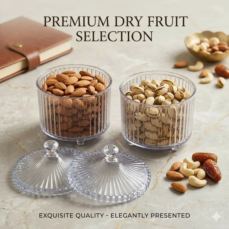 Diamond-Cut Dry Fruit Storage Jars – Premium Food-Grade Clear Airtight Containers With Royal Lids (2-Pack, 500Ml) 1