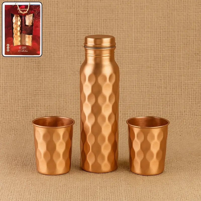 Diamond-Engraved Copper Water Bottle Set With Two Glasses And Gift Box 1