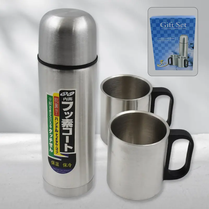 Double-Wall Stainless Steel Vacuum Flask Gift Set – 500Ml Bottle + 2 Matching Cups (3-Piece) 1