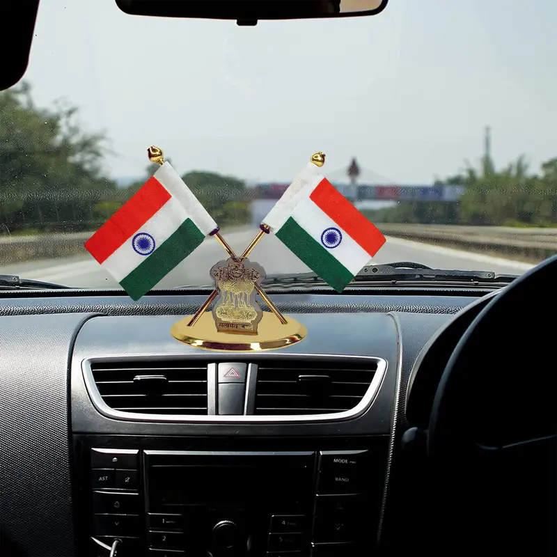 Dual-Flag Indian National Desk Stand With Emblem – Patriotic Office Or Home Decor 1