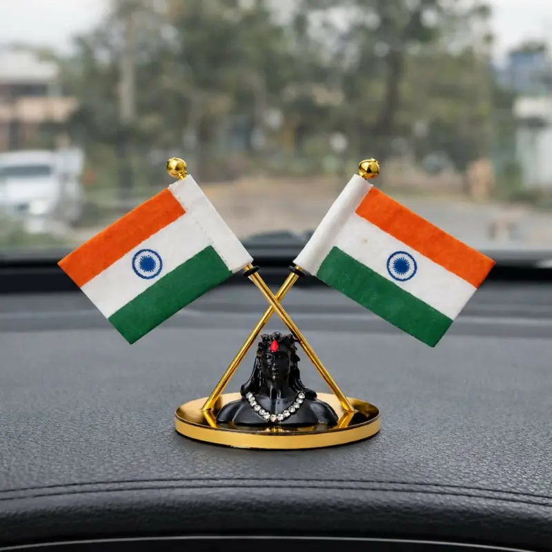 Dual Indian Flag Dashboard Decor With Shiva Idol Acrylic Stand – Car Accessory 1